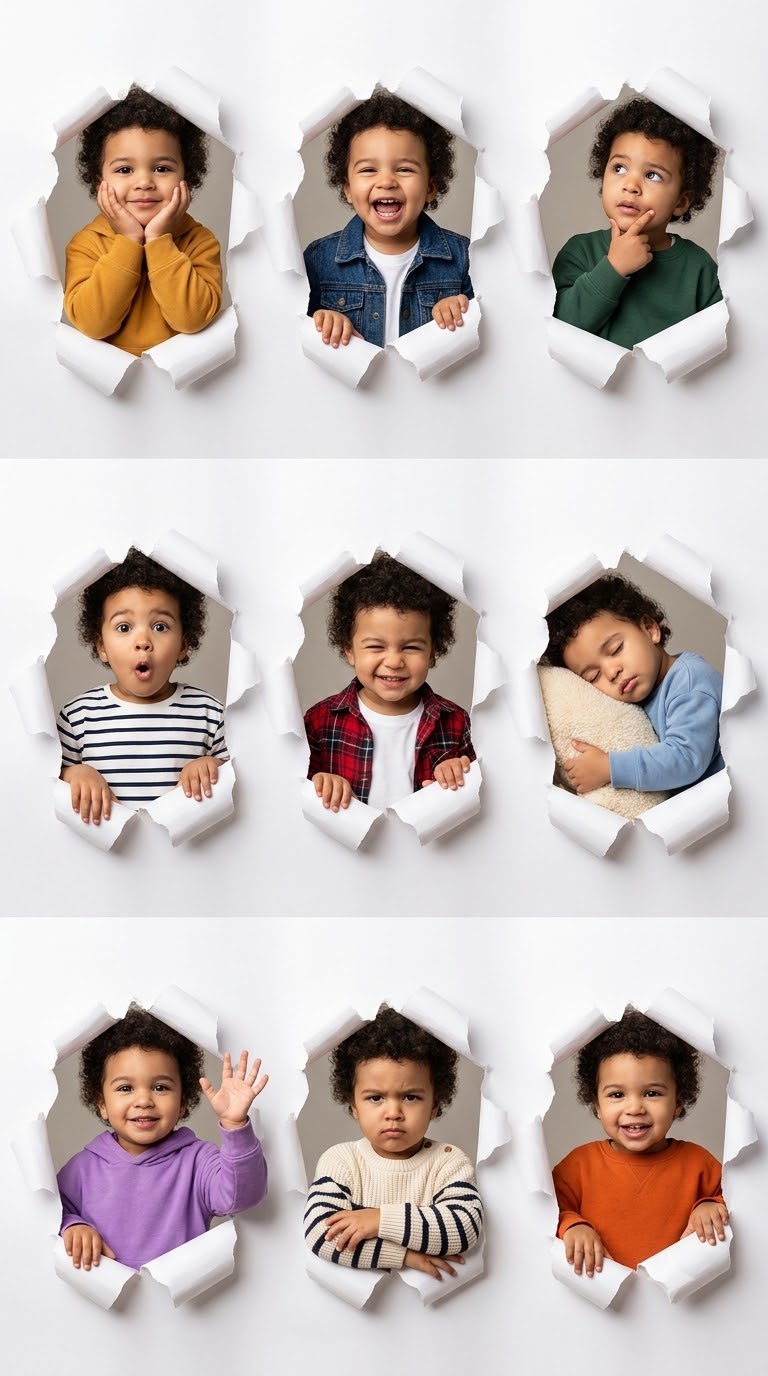 9-Expression Toddler Portrait Collage with 3D Torn Paper Effect - Photo 2