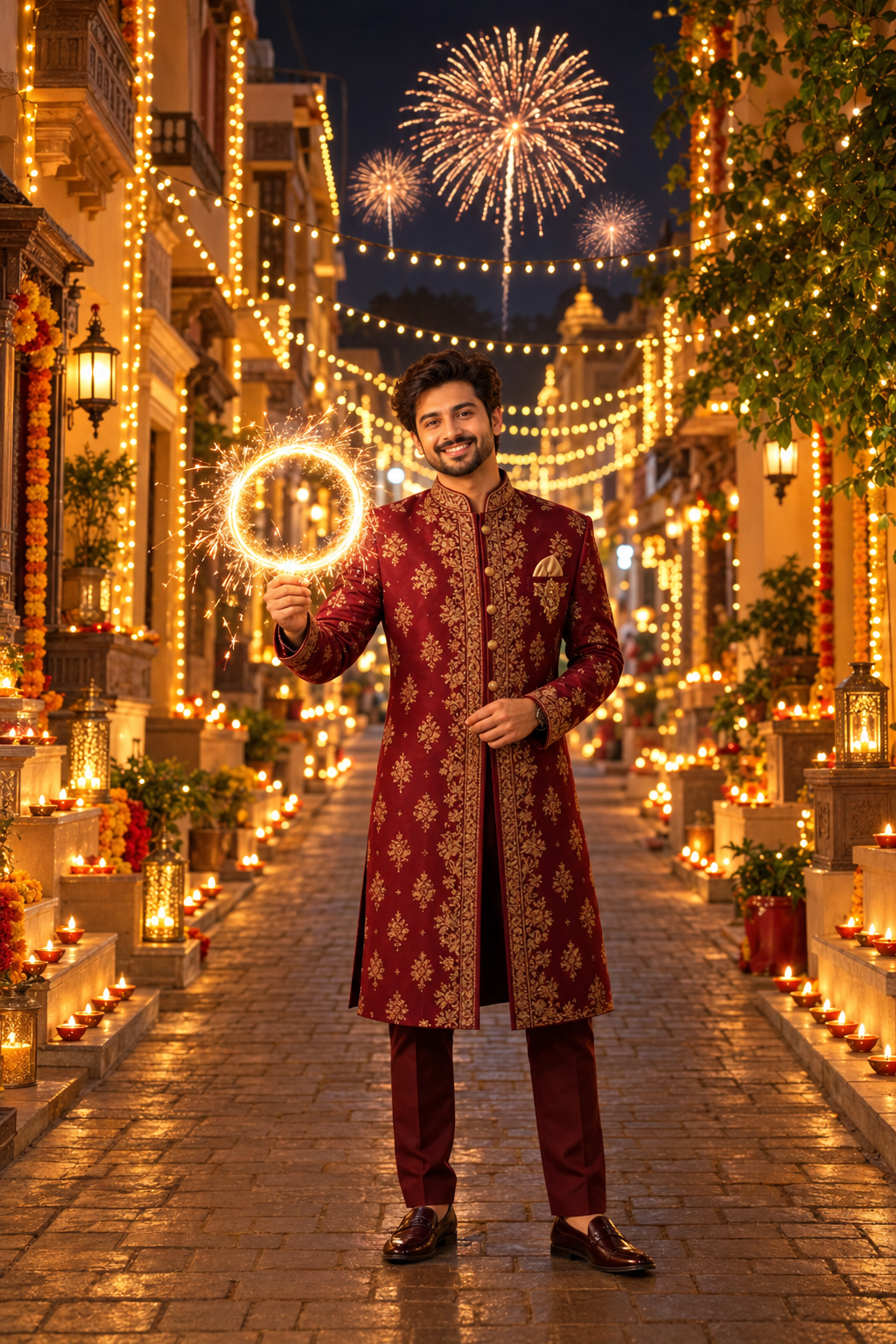 Luxury Diwali Portrait of a Man in a Royal Burgundy Sherwani