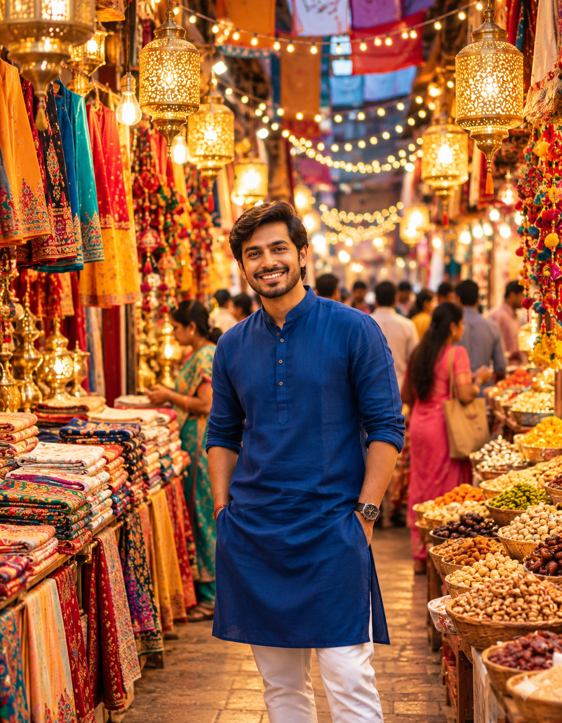 Stylish Man in Blue Kurta at a Festive Indian Market
