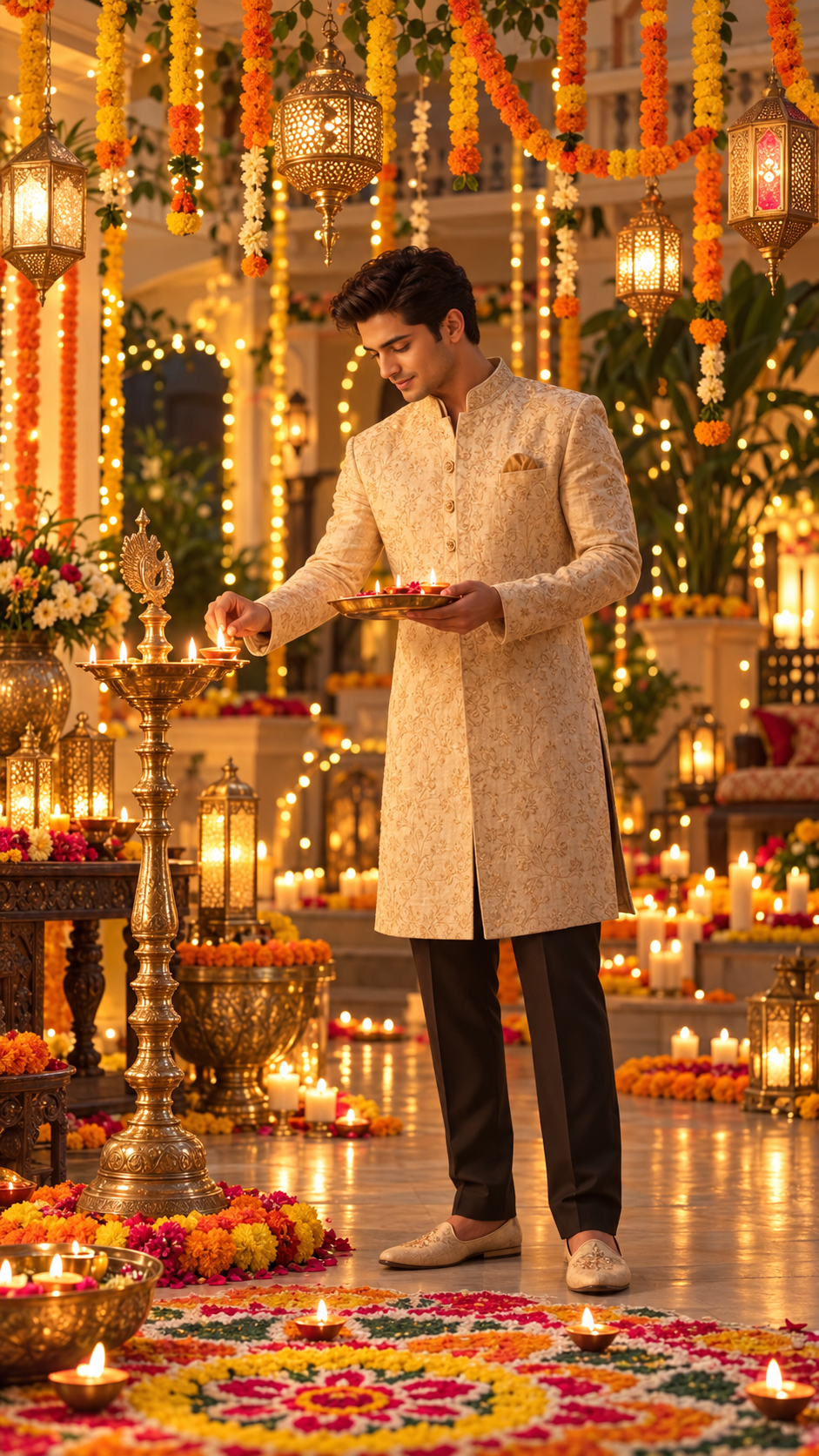 Elegant Diwali Celebration Portrait of a Man in Traditional Sherwani