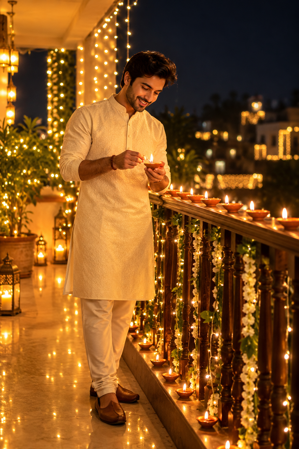 Cinematic Diwali Portrait of a Man Lighting Diyas