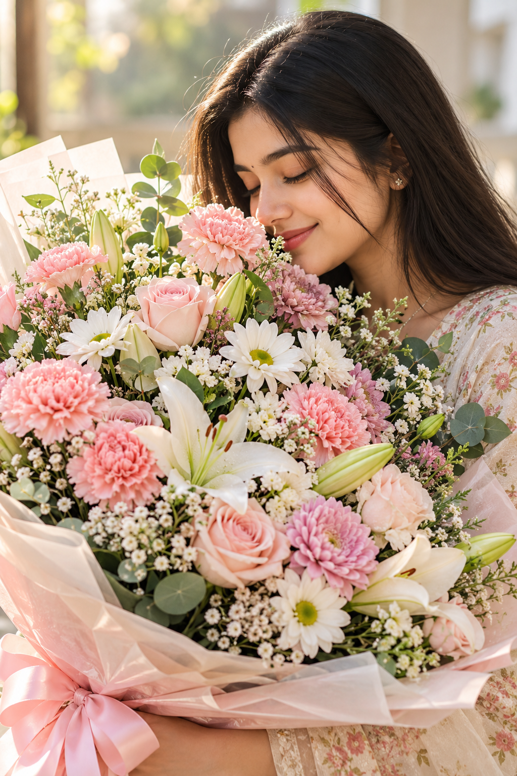 Dreamy Floral Portrait of an Indian Woman with a Pastel Flower Bouquet