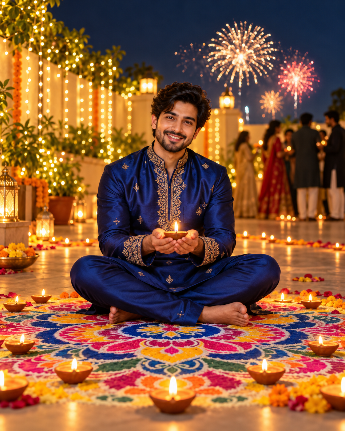 Royal Diwali Celebration Portrait with Blue Ethnic Outfit