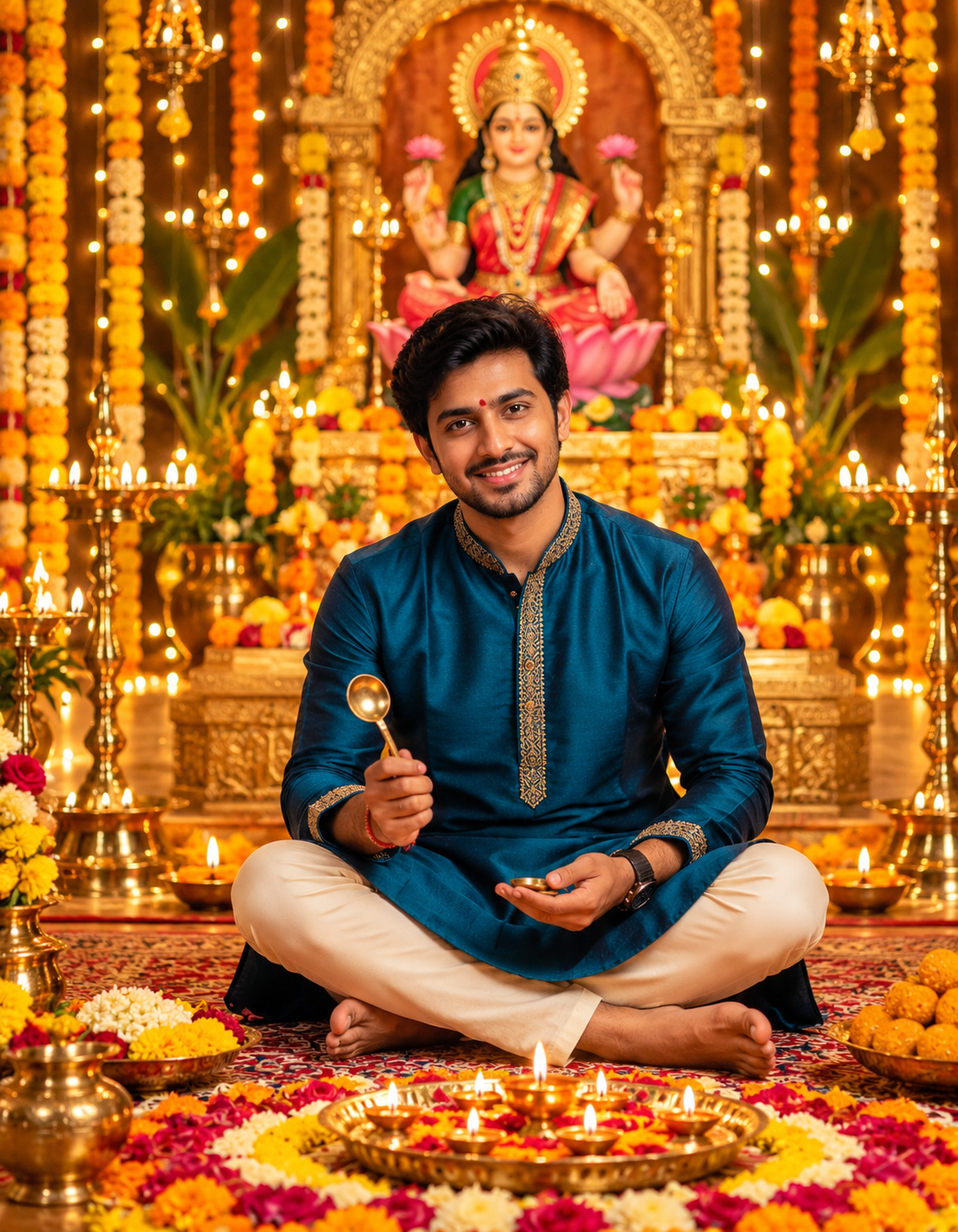 Royal Diwali Puja Portrait of an Indian Man in Teal Kurta
