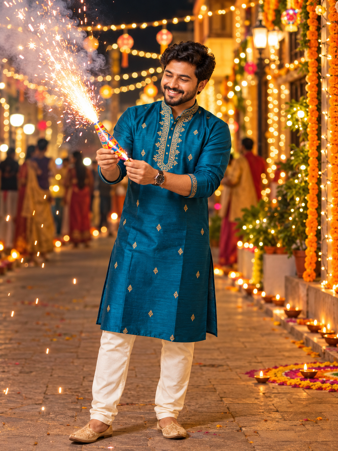 Cinematic Diwali Celebration Portrait in a Traditional Teal Kurta