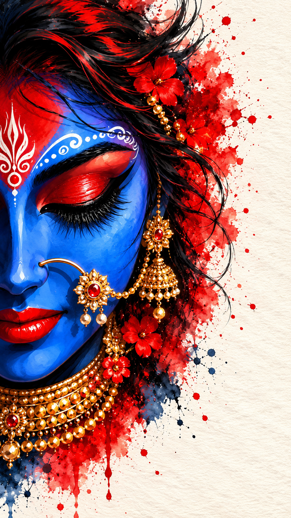 Blue Goddess Portrait with Red and Black Watercolor Art