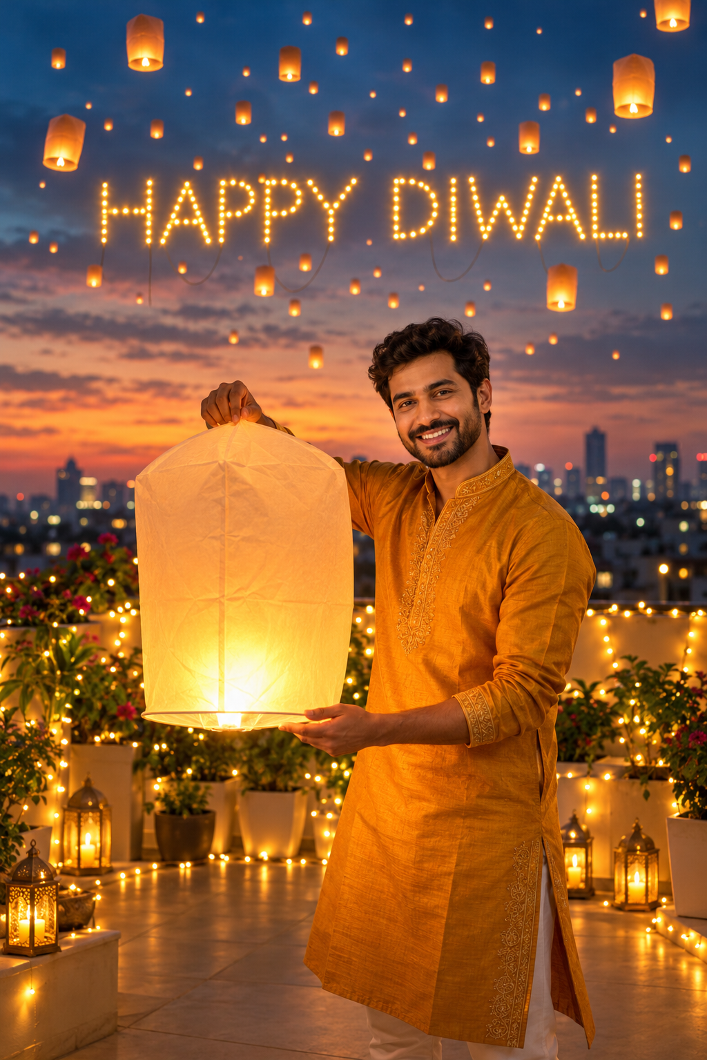 Festive Diwali Portrait with Glowing Sky Lanterns