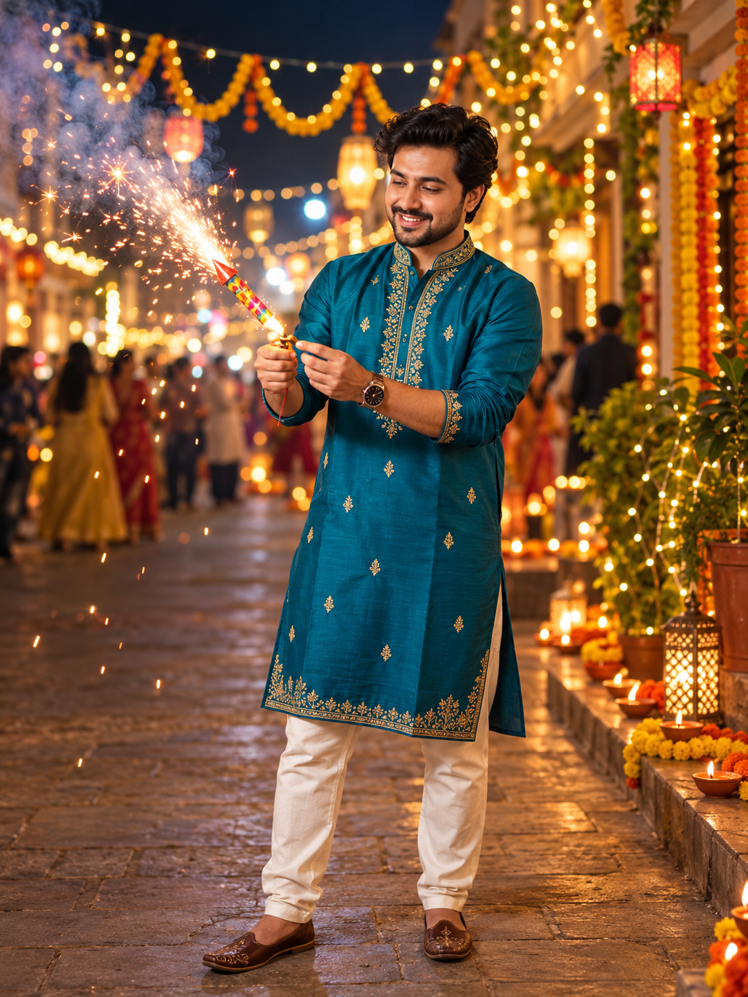 Cinematic Diwali Celebration Portrait in a Traditional Teal Kurta - Photo 2